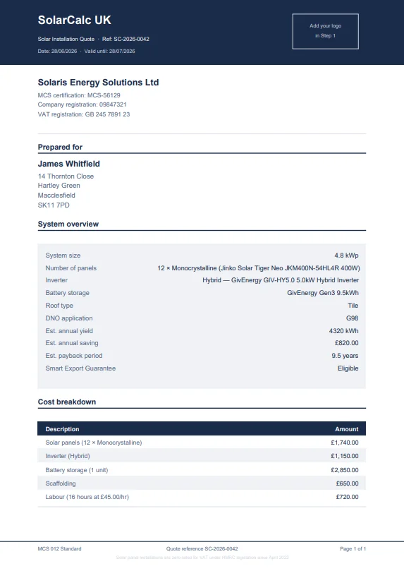 Example solar quote PDF generated by SolarCalc UK